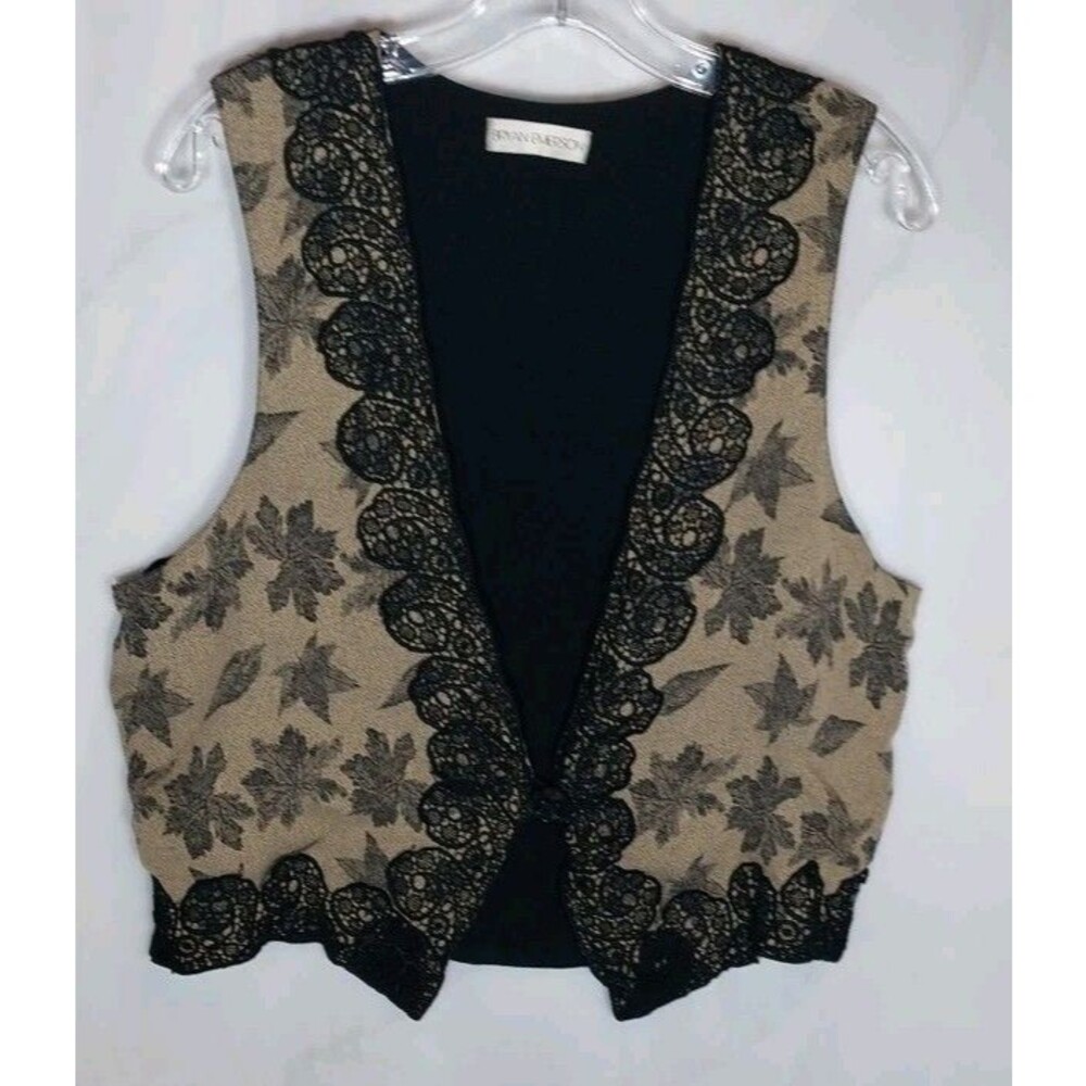 Vintage Beige Black Lace Trim Leaf Vest Tie Back Button Front Boho USA Medium